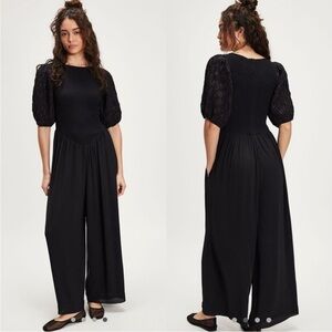 FREE PEOPLE Temperley Puff Sleeve JUMPSUIT Size XS Ruched Wide Leg Black